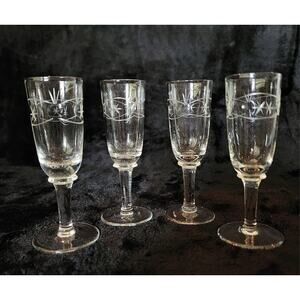 4 Vintage Clear Etched Aperitif Liqueur Cordial Glasses